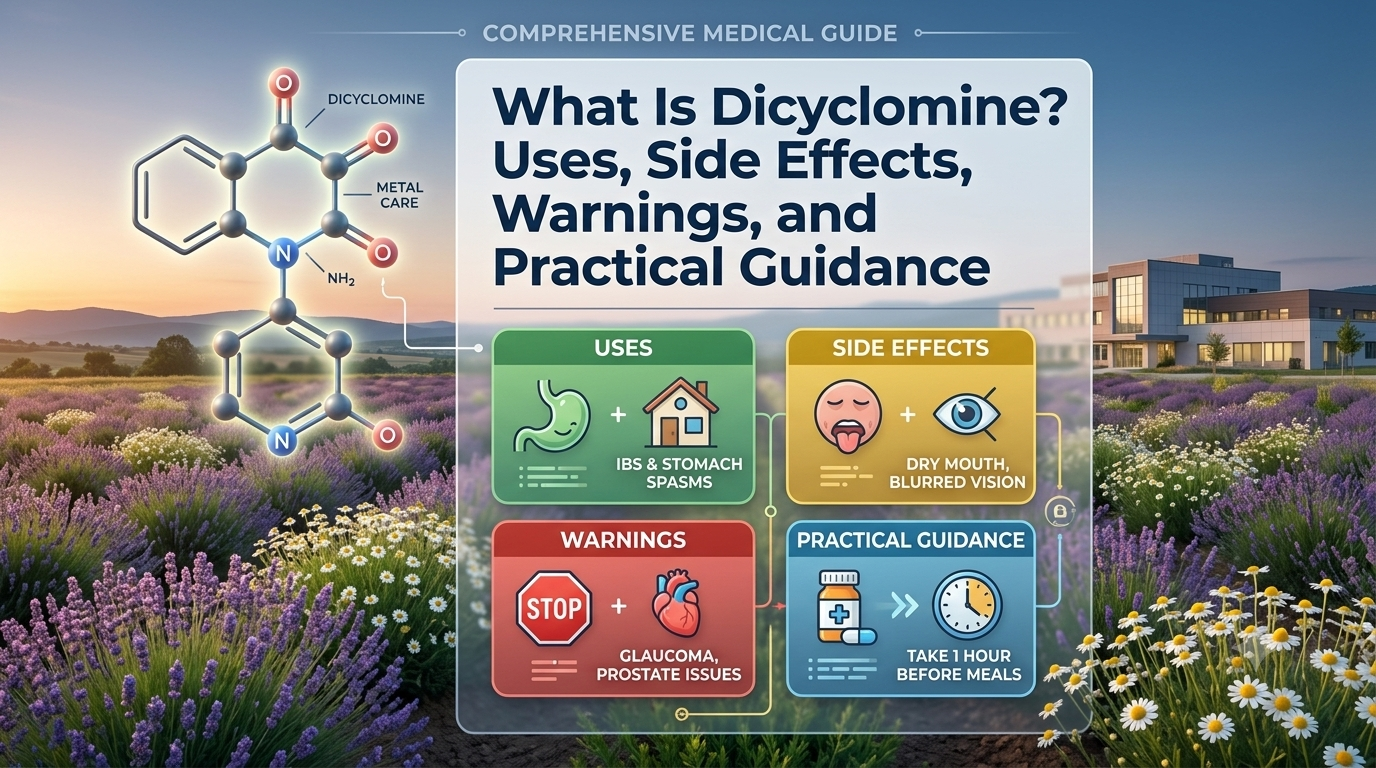 What Is Dicyclomine featuring medication uses, side effects, dosage guidance, safety warnings, and digestive health information.