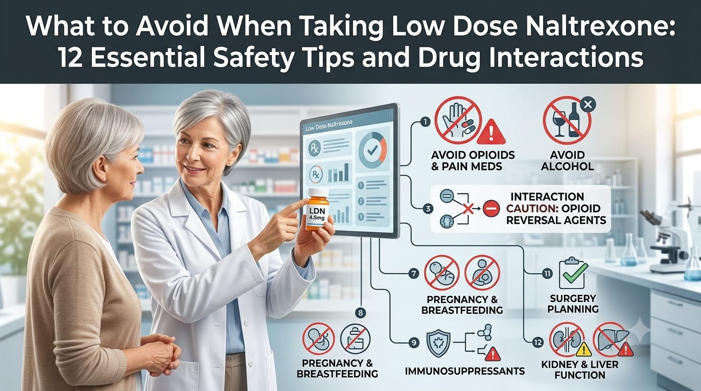 What to Avoid When Taking Low Dose Naltrexone featuring drug interactions, medication safety, side effects, lifestyle precautions, and treatment guidance.
