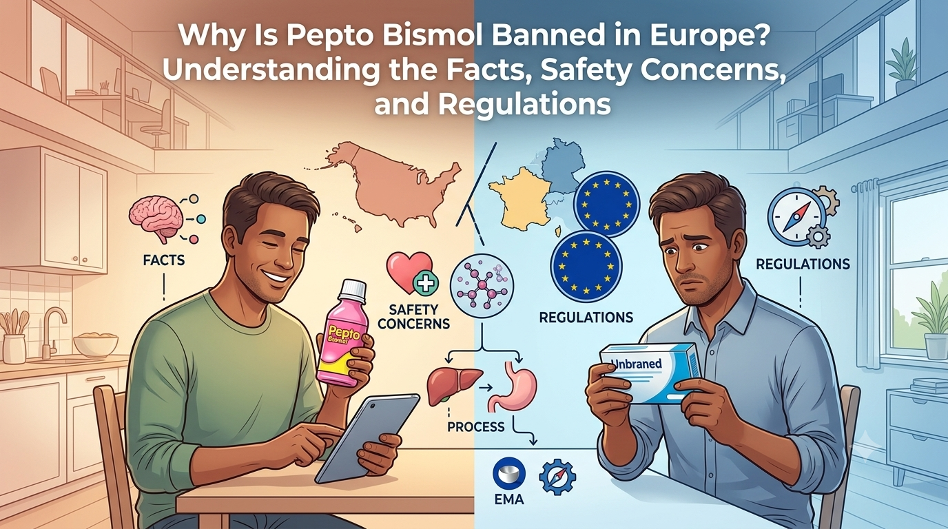 Why Is Pepto Bismol Banned in Europe featuring safety concerns, bismuth subsalicylate, European regulations, medication availability, and health guidance.