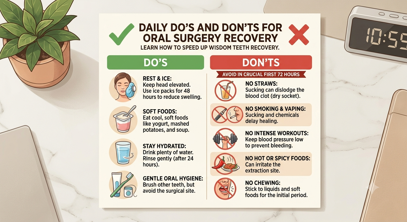 A checklist illustrating the do's and don'ts of post-surgery dental care, highlighting key habits on how to speed up wisdom teeth recovery.