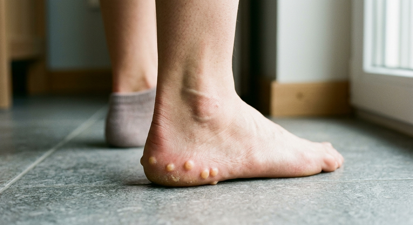 Multiple small, round, Compressible bumps on a heel illustrating the classic appearance of harmless piezogenic papules.