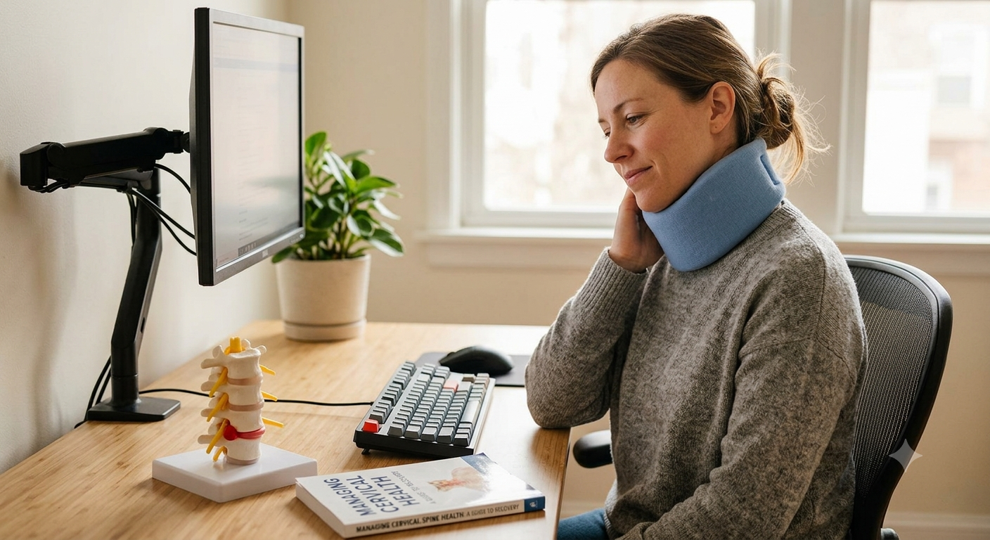 An illustration of a medical professional explaining the root causes of a pinched nerve in neck to a patient.