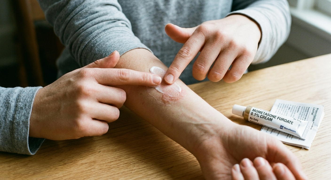 Close-up of mometasone furoate cream being gently applied to a red, dry eczema patch on the arm.